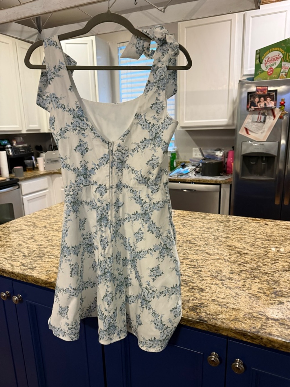 Altar'd State Cream Dress with Light Blue Floral Print and Tie Shoulders - Picture 2 of 3